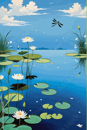 a painting of a pond with lily pads and a dragonfly