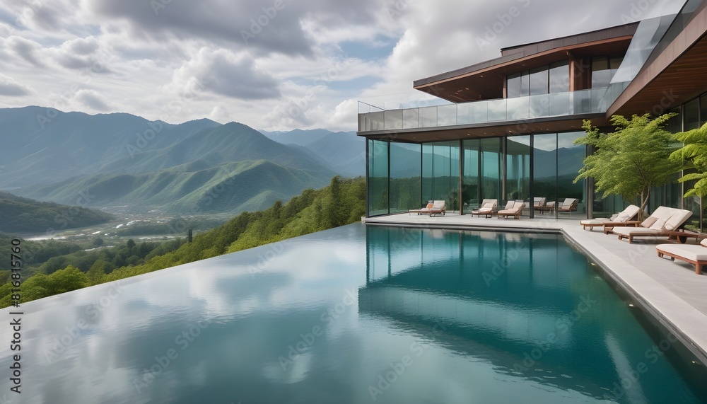 Fototapeta premium A modern, two-story glass and concrete house with a large swimming pool in the foreground, surrounded by a mountainous landscape