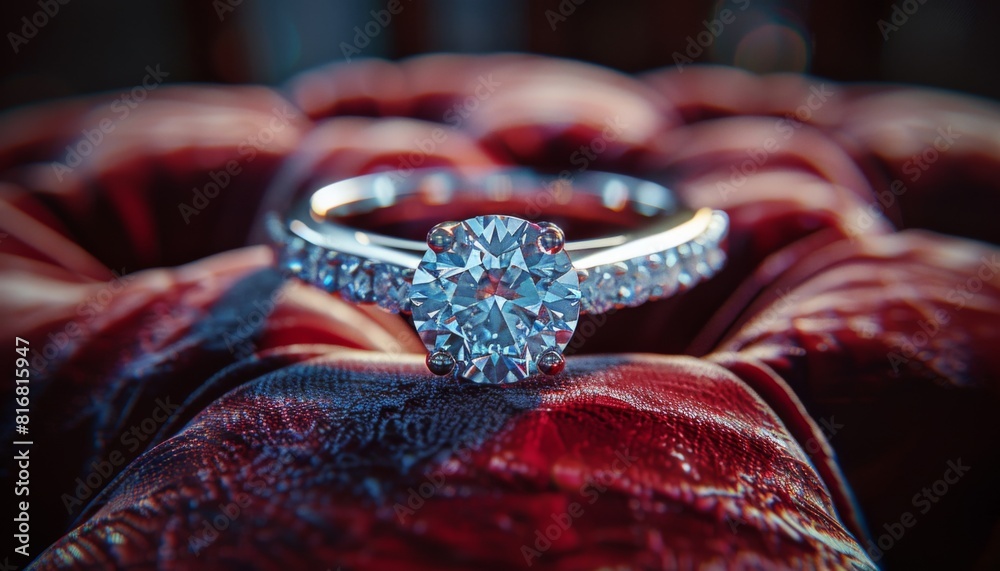 Close-up of a diamond ring sparkling on a velvet cushion. Luxury, romance, commitment Close-up of a diamond ring sparkling on a velvet cushion. Luxury, romance, commitment