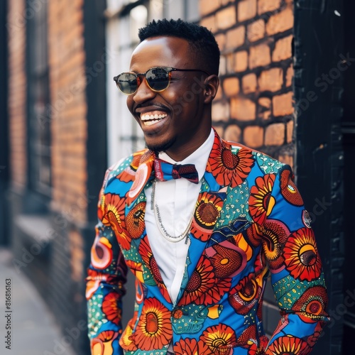 A young Black male in a vibrant wax print suit with modern tailoring and bold accessories, his smile infectious. 
