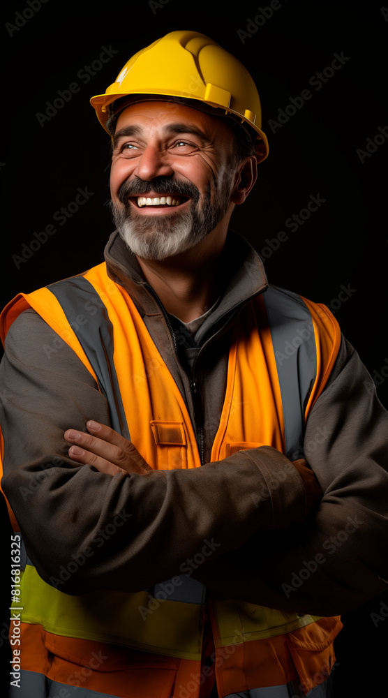 joyful man in work vest and hard hat exuding warmth and approachability joyful man in work vest and hard hat exuding warmth and approachability