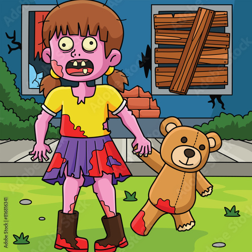 Zombie Child with a Plushie Colored Cartoon  photo