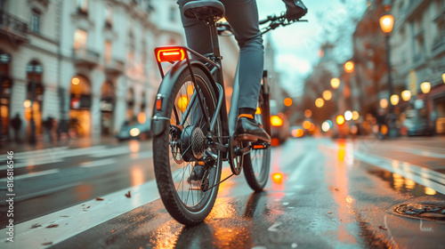 A stylish man, clad in a classic dark blue suit and leather shoes, rides an electric bike through urban streets