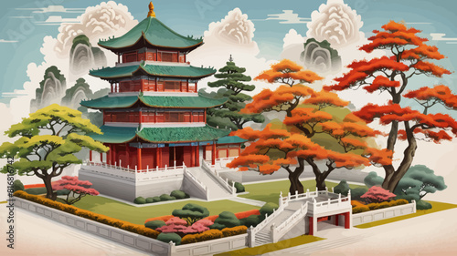 a painting of a pagoda surrounded by trees