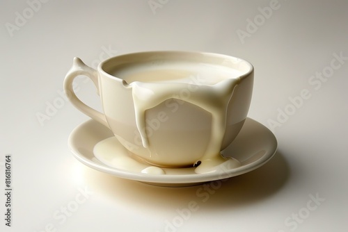 Elegant white cup with spilled milk on a saucer against a clean background