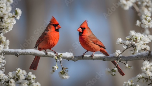 male Northern Cardinal, Cardinalis cardinalis, perched on a branch in autumn.  © Tech