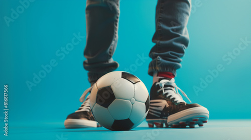 Bola de futebol sob os pés dos jogadores de futebol no fundo azul photo
