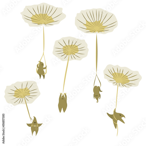 Cartoon image of dandelion seeds in the form of funny men trapeze artists on a white background