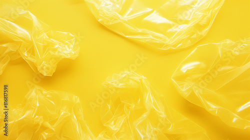Envoltório de celofane plástico transparente de plástico enrugado amassado em fundo de cor amarela. Fundo de banner de textura criativa abstrata photo