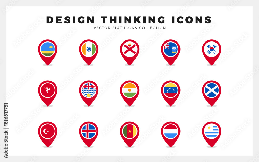 15 World Flags Pin. icons Pack. vector illustration.