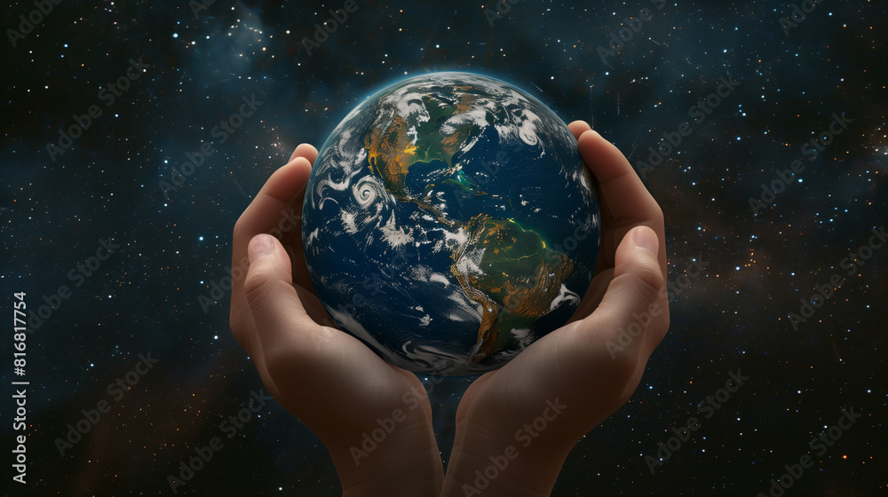 Hands Holding a Glowing Earth Globe Against a Cosmic Background.. Hands Holding a Glowing Earth Globe Against a Cosmic Background..