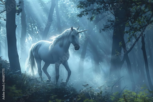 mystical unicorn emerges from enchanted forest mist fairytale fantasy illustration © furyon