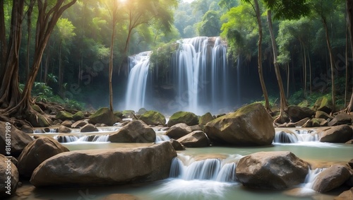 Huay Mae Khamin waterfall in tropical forest, Thailand
 photo