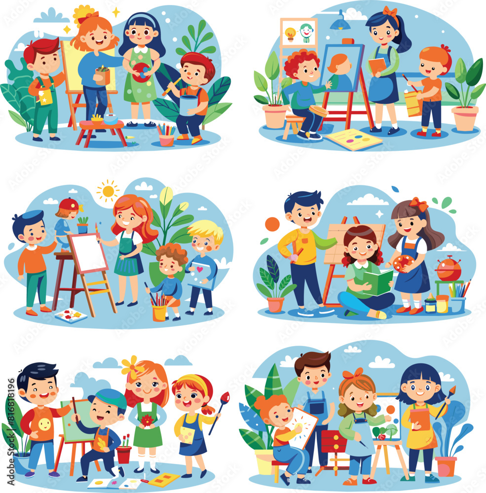 Set flat illustration of a kids painting hobby, vector illustration. Set flat illustration of a kids painting hobby, vector illustration.