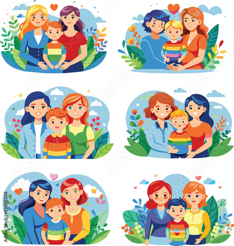Set flat illustration of a lesbian couple with son, vector illustration.