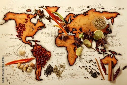 Fototapeta Naklejka Na Ścianę i Meble -  A map of the world adorned with a variety of spices, showcasing the global significance of spice trade and cultivation. Generative AI