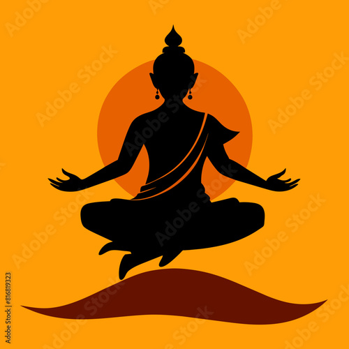  a dynamic silhouette of a Buddha statue in motion, capturing the essence of enlightenment and spiritual awakening with white Background