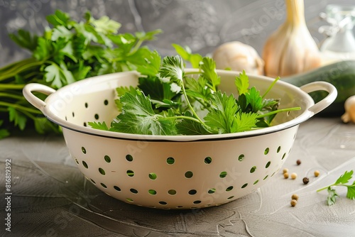 Vibrant green parsley in a white colander with garlic and herbs in the background