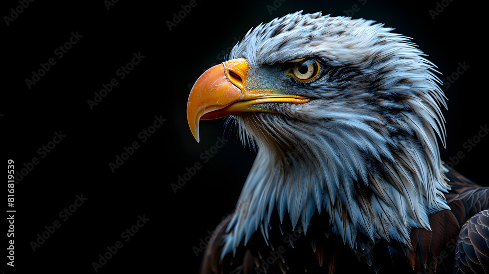 Close-up of a bald eagle head on a black background. Studio portrait photography. Wildlife and bird of prey concept. Design for poster, banner, educational material