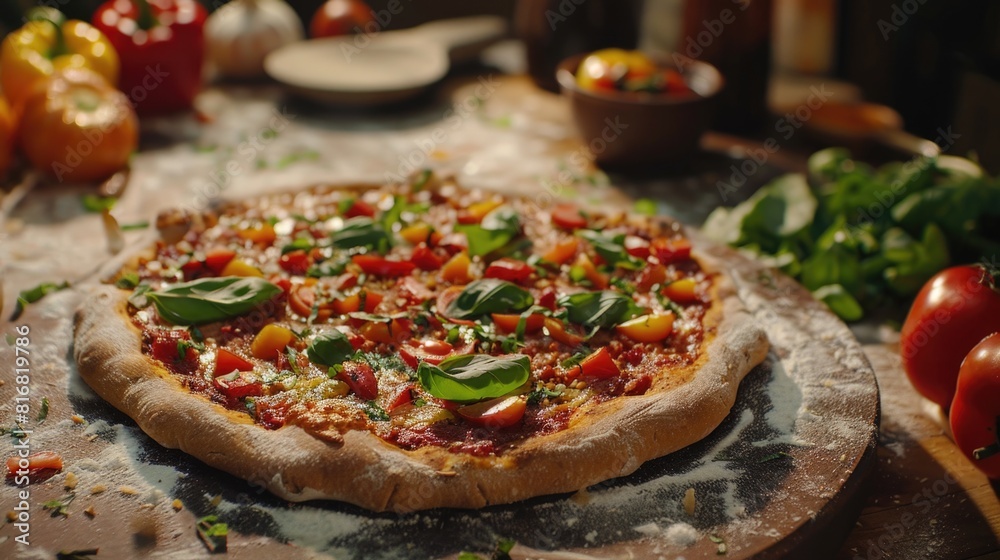 Delicious pizza sitting on a wooden cutting board, perfect for food-related projects Delicious pizza sitting on a wooden cutting board, perfect for food-related projects