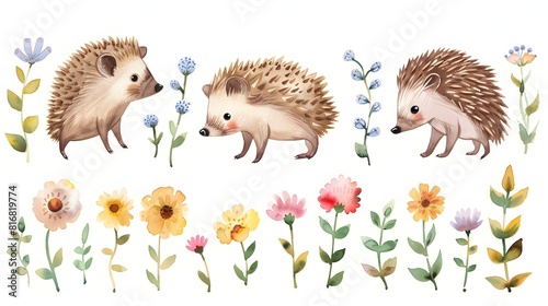 Wallpaper Mural Cute Hedgehogs Among Colorful Wildflowers in Woodland Scene Torontodigital.ca