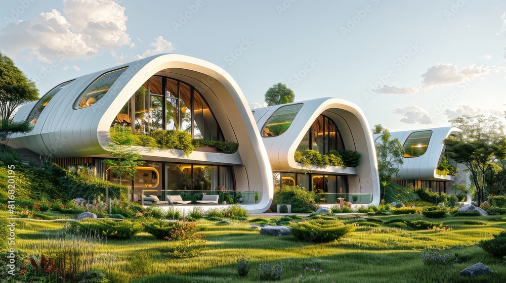 Obraz premium A futuristic residential complex designed with passive solar principles, geothermal heating, and rainwater harvesting systems, demonstrating innovative approaches to achieving net-zero energy