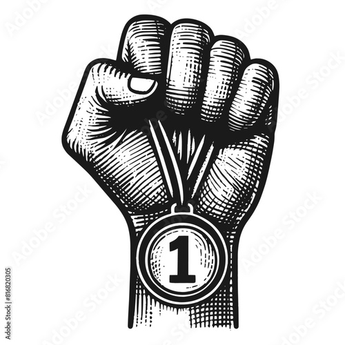 hand with a number one winner medal illustration