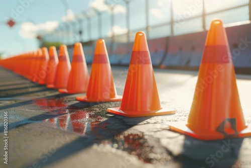 Orange traffic cones lined up on the side of a road, suitable for construction or road safety concepts