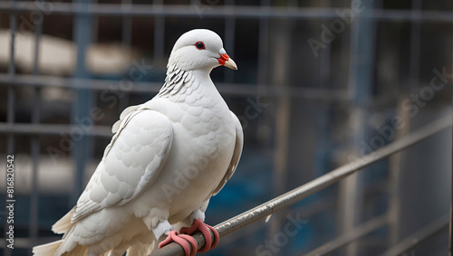 A white pigeon with a pink beak and feet is perched on a railing. photo