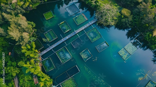 An aerial view of a state-of-the-art sustainable fish farm, with large tanks of water and modern aquaponics systems, surrounded by greenery and eco-friendly infrastructure. photo