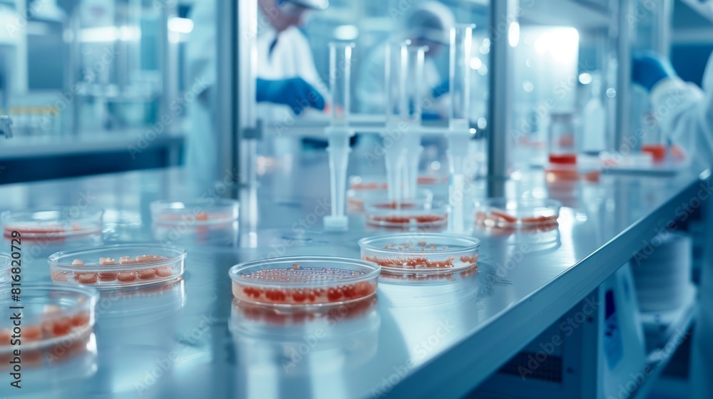 Close-up of a laboratory setting with scientists working on cultured seafood production, showcasing petri dishes with cells and bioreactors in the background, with copy space on the right side Close-up of a laboratory setting with scientists working on cultured seafood production, showcasing petri dishes with cells and bioreactors in the background, with copy space on the right side