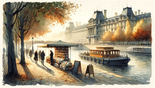Watercolor drawing illustrate the life in urban city with beautiful architecture in Europe with people standing to buy a book the store.
