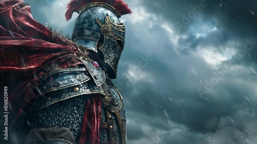 A heroic warrior wearing a ruby amulet, believed to grant invincibility, as they prepare for battle under a stormy sky, Close up photo