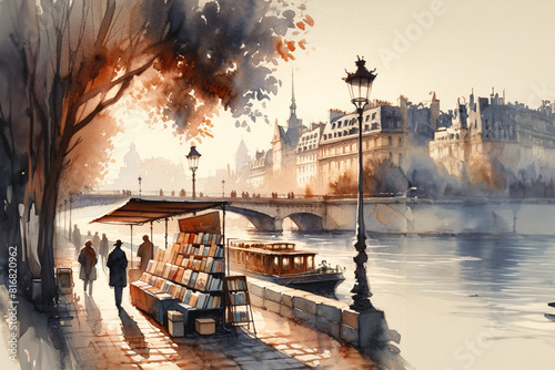 Watercolor drawing illustrate the life in urban city with beautiful architecture in Europe with people standing to buy a book the store.