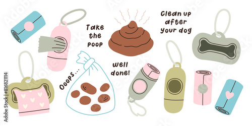 Dog poop bags set. Poop bags in holder. Packet for dog poo. Cartoon, flat. Isolated vector illustration eps10 photo