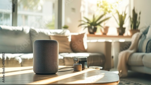 Living room with a minimalist Bluetooth speaker on the table. © chutikan