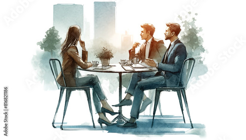 Watercolor drawing of young business people sitting at coffee shop and have a drink in concept of friendship and happy lifestyle.