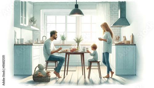 Watercolor illustrate of family consist of father, mother and son sitting in the kitchen while having breakfast together in the morning.