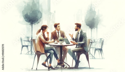 Watercolor drawing of young business people sitting at coffee shop and have a drink in concept of friendship and happy lifestyle.
