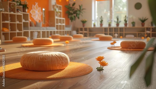 A peaceful yoga studio arranged with sacral motifs, where practitioners engage in poses that activate the sacral chakra, surrounded by orange accents, Close up