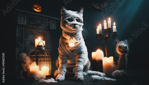 A cat is sitting in front of candles and lanterns, with a mummy bandage around its neck. The scene has a spooky and eerie mood, with the cat looking sad and the candles casting a dim light