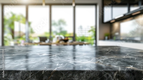 Empty dark marble table  kitchen interior background for product display montage.