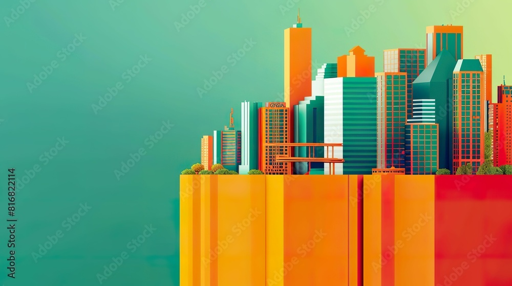 Abstract, clay render of a futuristic cityscape, minimalistic style on a neon blue background