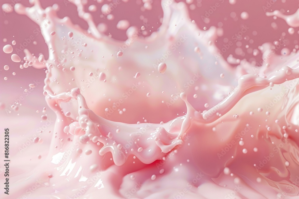 Highquality image of dynamic pink milk splash with droplets on a soft background Highquality image of dynamic pink milk splash with droplets on a soft background
