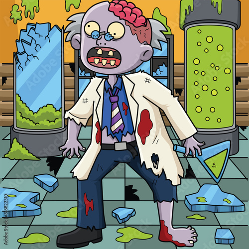 Zombie Scientist Colored Cartoon Illustration