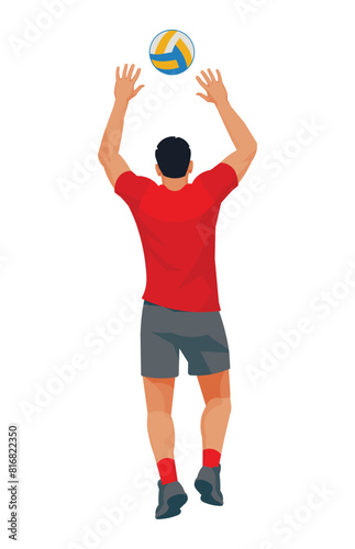 Thai volleyball player from the back who jumps straight with his arms raised high to catch or block the ball