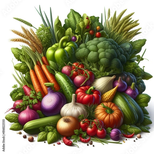 Vibrant fruits and vegetables arranged in a large mound on white background