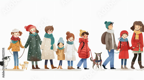 set of people dog walking with many dogs breeds. Dog walker concept illustration in cartoon hand drawn style.