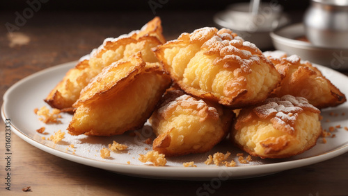 The image is of a plate of fried pastries, sprinkled with powdered sugar.