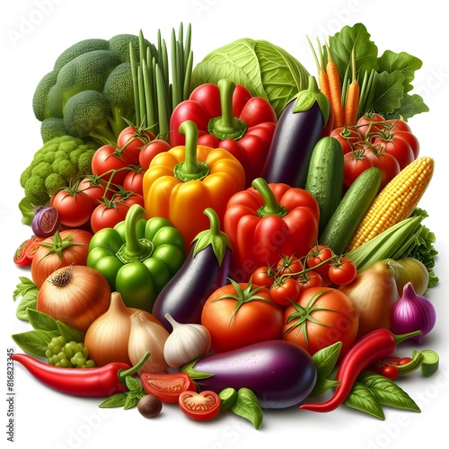 Colorful mix of veggies piled high against a white background